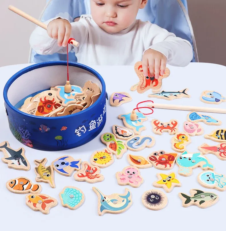 Poissons magnétiques en bois pour jeu de pêche éducatif