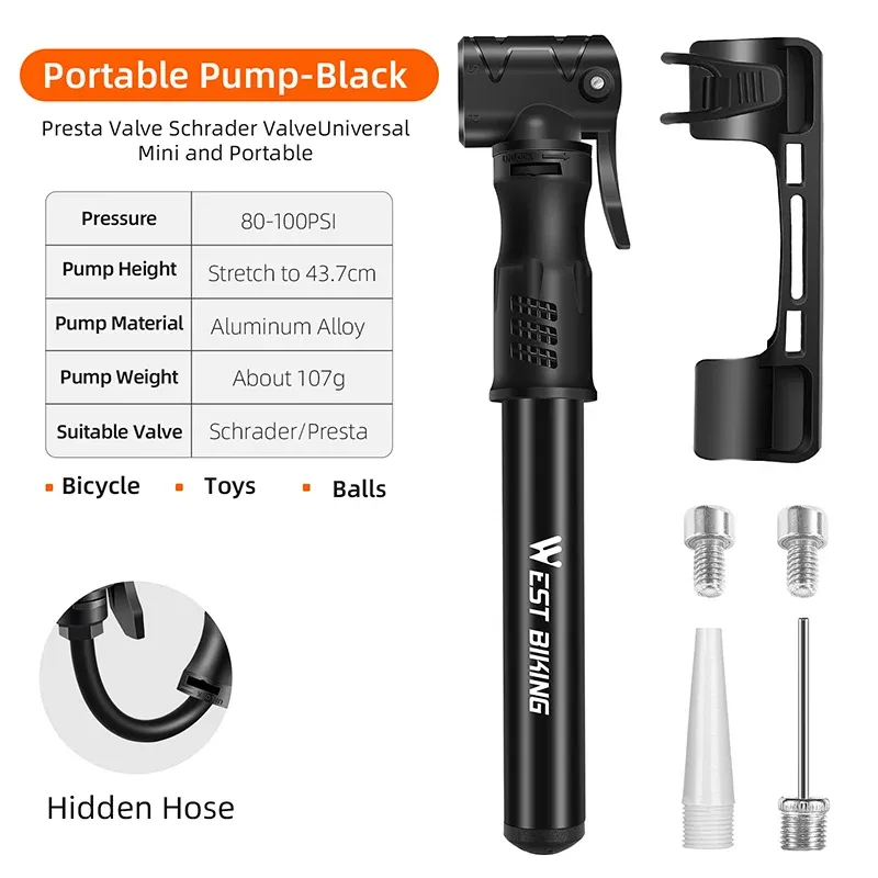 WEST BIKING – Mini pompe à vélo portable en alliage d'aluminium, gonfleur de pneus manuel à poignée sphérique, valve Schrader et Presta, pour VTT et vélo de route 8