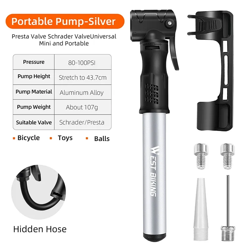 WEST BIKING – Mini pompe à vélo portable en alliage d'aluminium, gonfleur de pneus manuel à poignée sphérique, valve Schrader et Presta, pour VTT et vélo de route 13