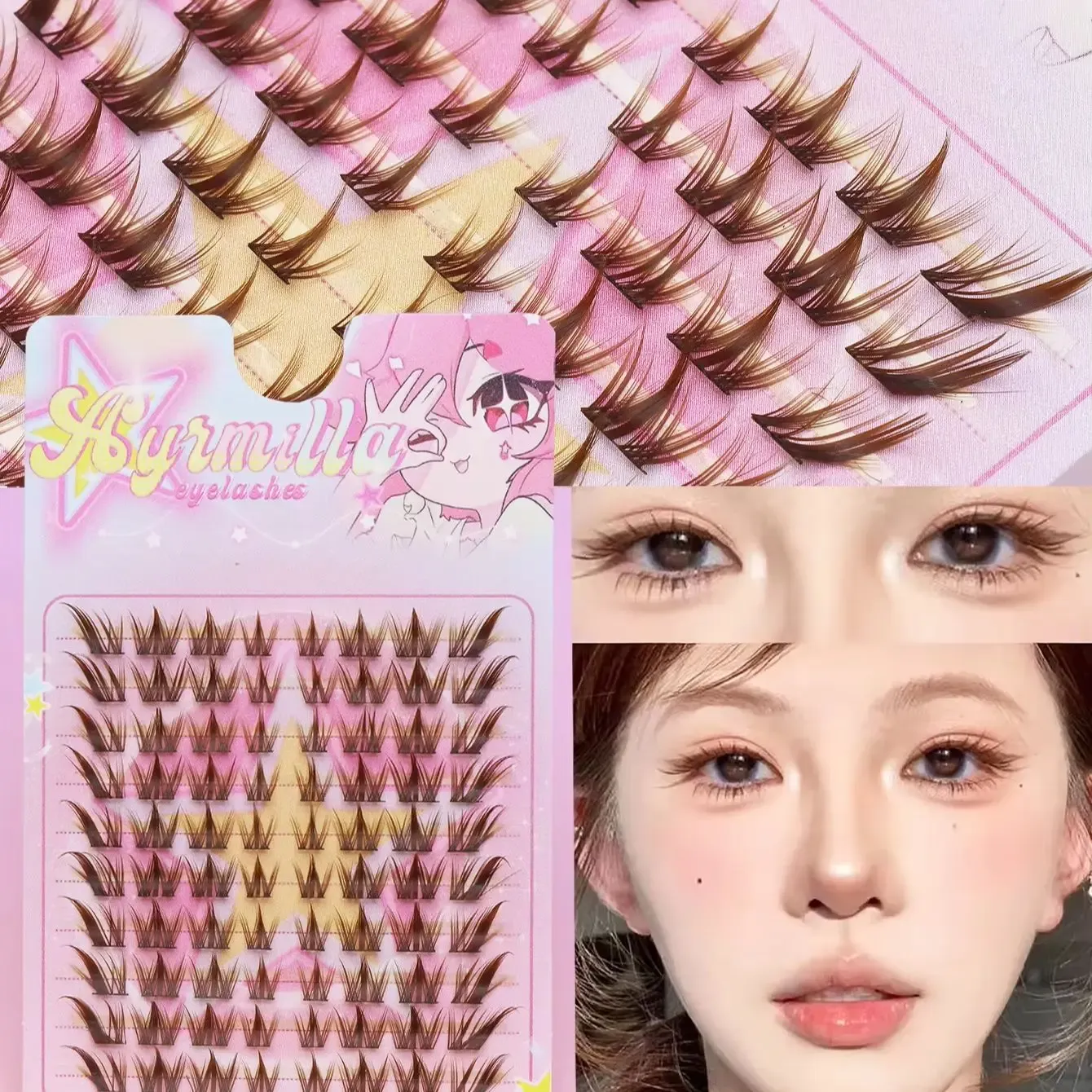 Extensions de cils individuelles 80 pièces, courbure C, marron, cils naturels segmentés, lot de cils, accessoires de maquillage - Image 1