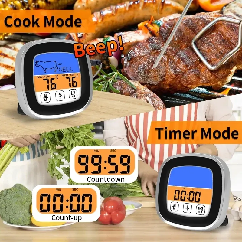 Thermomètre numérique à viande avec écran LCD tactile, minuterie et sonde de précision 6
