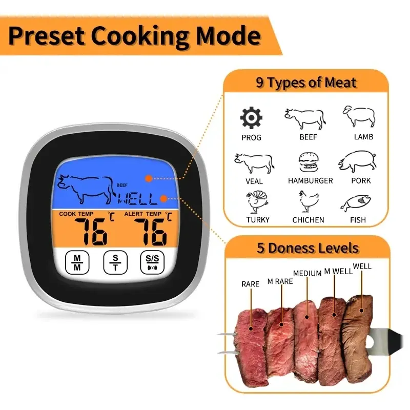 Thermomètre numérique à viande avec écran LCD tactile, minuterie et sonde de précision 5