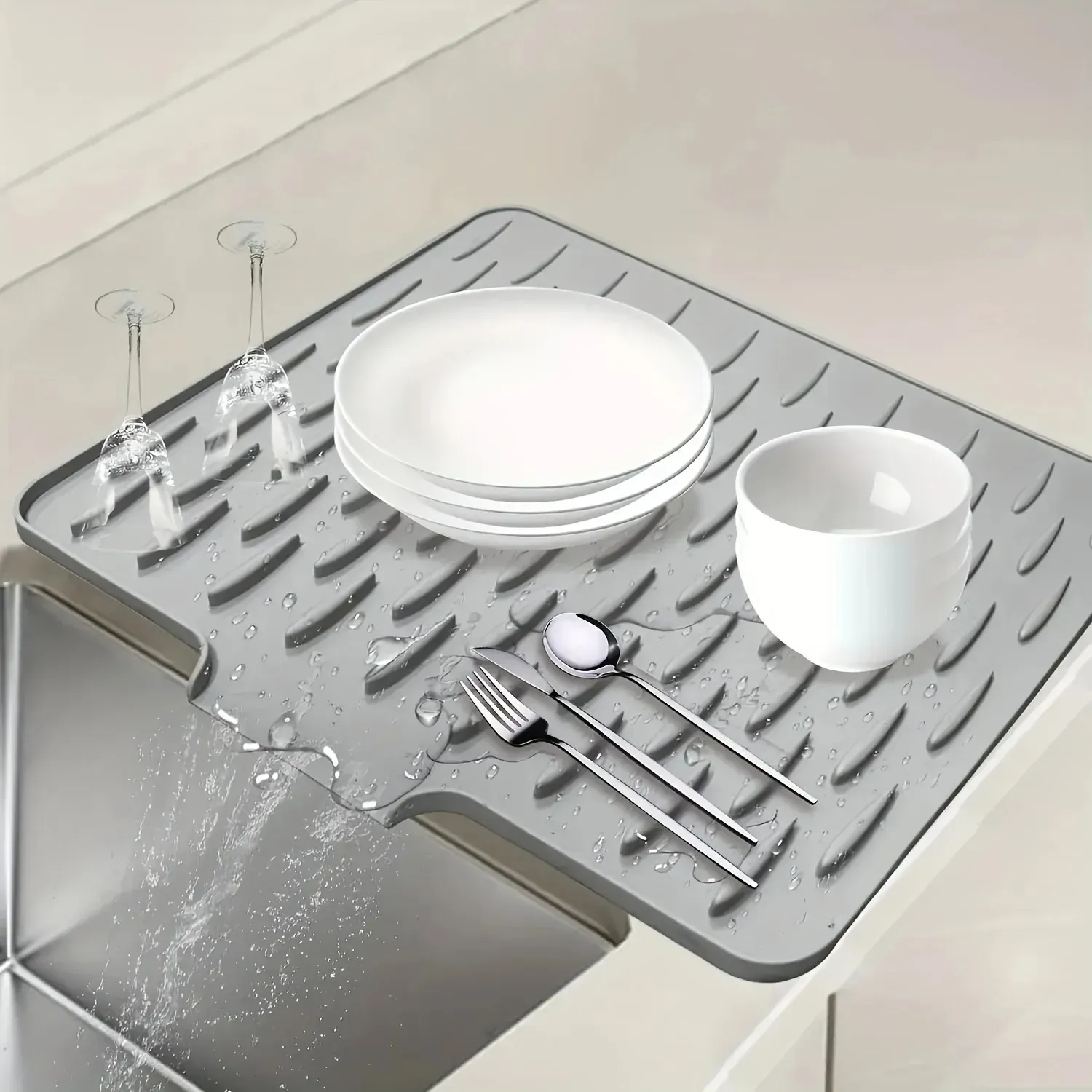 Tapis d'égouttage en silicone pour cuisine à design intégré, facile à nettoyer, pour plan de travail, évier et réfrigérateur 7