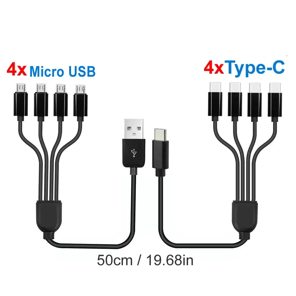 Câble de charge court 5 V USB-A vers USB-C multi 4 en 1, câble adaptateur répartiteur micro USB avec 4 ports USB-C PD