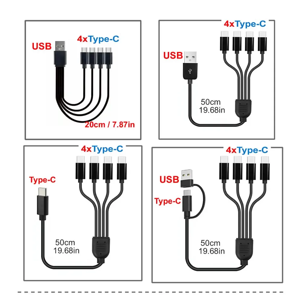 Câble de charge court 5 V USB-A vers USB-C multi 4 en 1, câble adaptateur répartiteur micro USB avec 4 ports USB-C PD 5