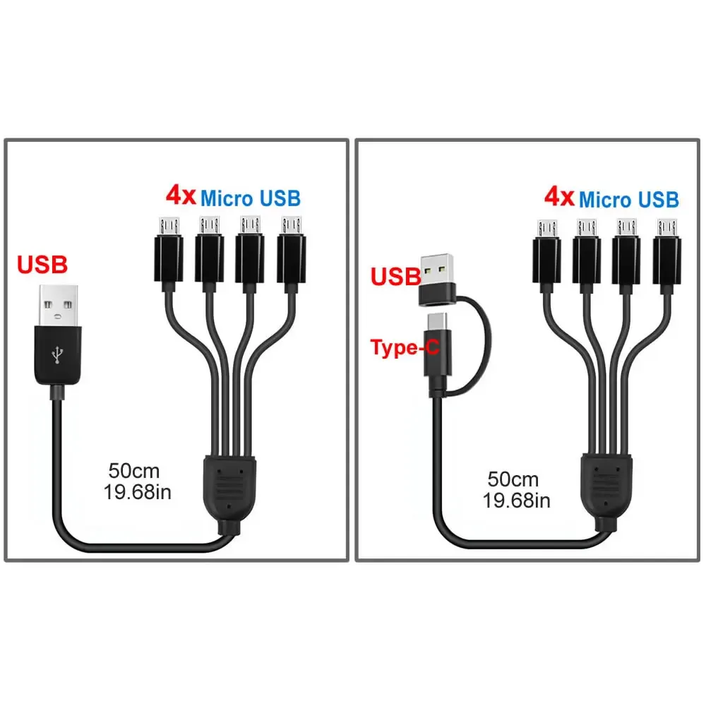 Câble de charge court 5 V USB-A vers USB-C multi 4 en 1, câble adaptateur répartiteur micro USB avec 4 ports USB-C PD 6
