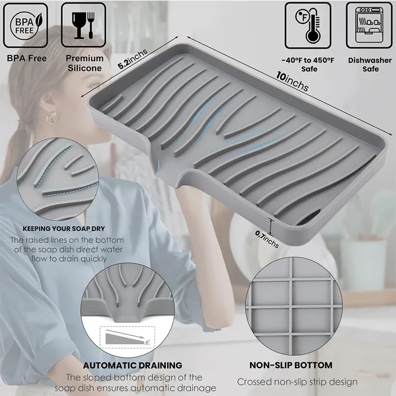 Porte-savon de salle de bain en silicone, porte-éponge pour évier de cuisine, support d'éponge et de savon pour douche, porte-savon en caoutchouc avec égouttoir 5