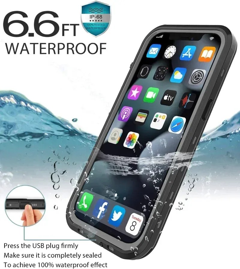 Coque transparente étanche IP68 pour iPhone 16, 15, 14, 13, 12, 11, XS, XR et X, protection antichoc 1