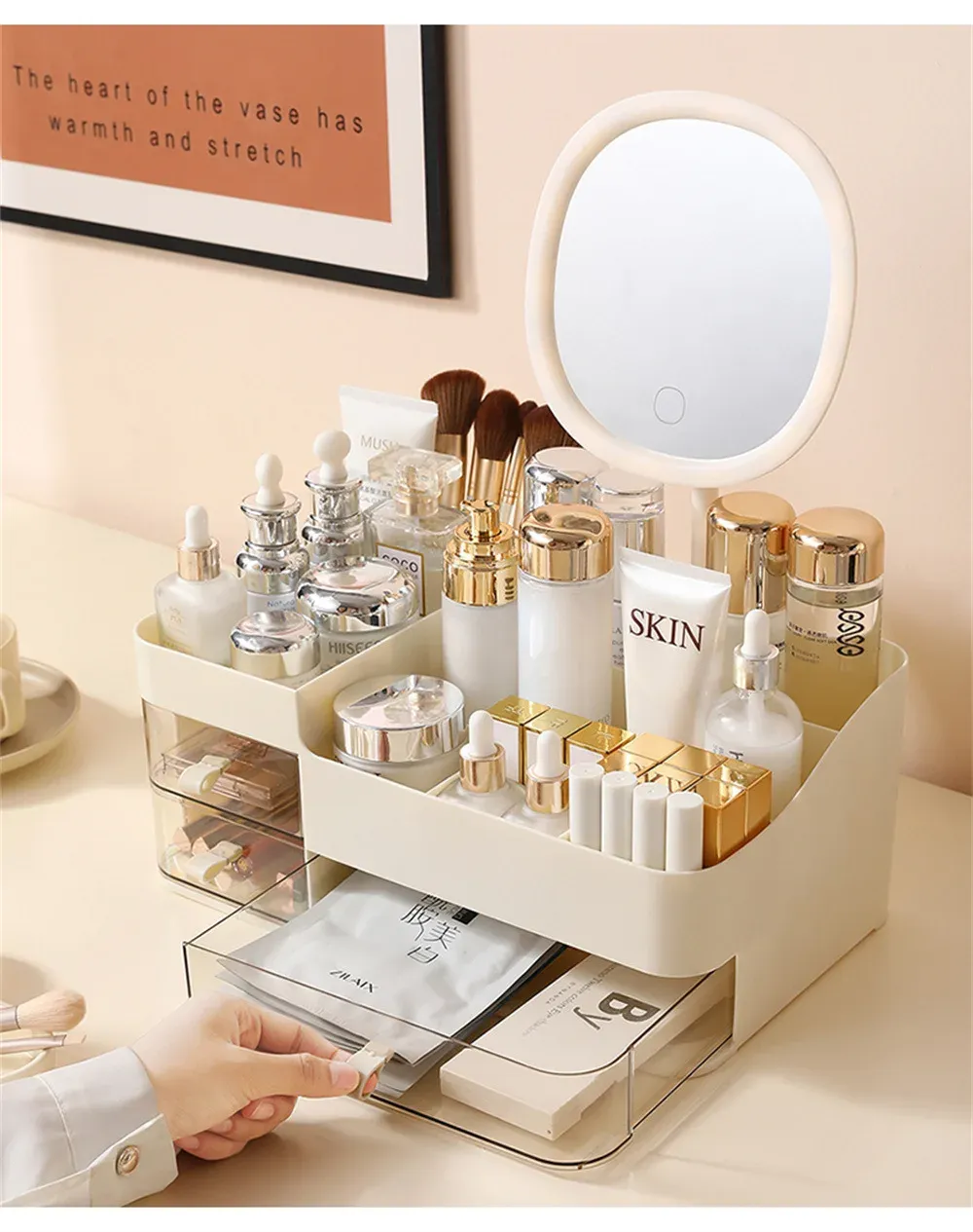 Organisateur cosmétique élégant de style tiroir avec miroir – Boîte de rangement portable pour maquillage, soins de la peau et rouge à lèvres