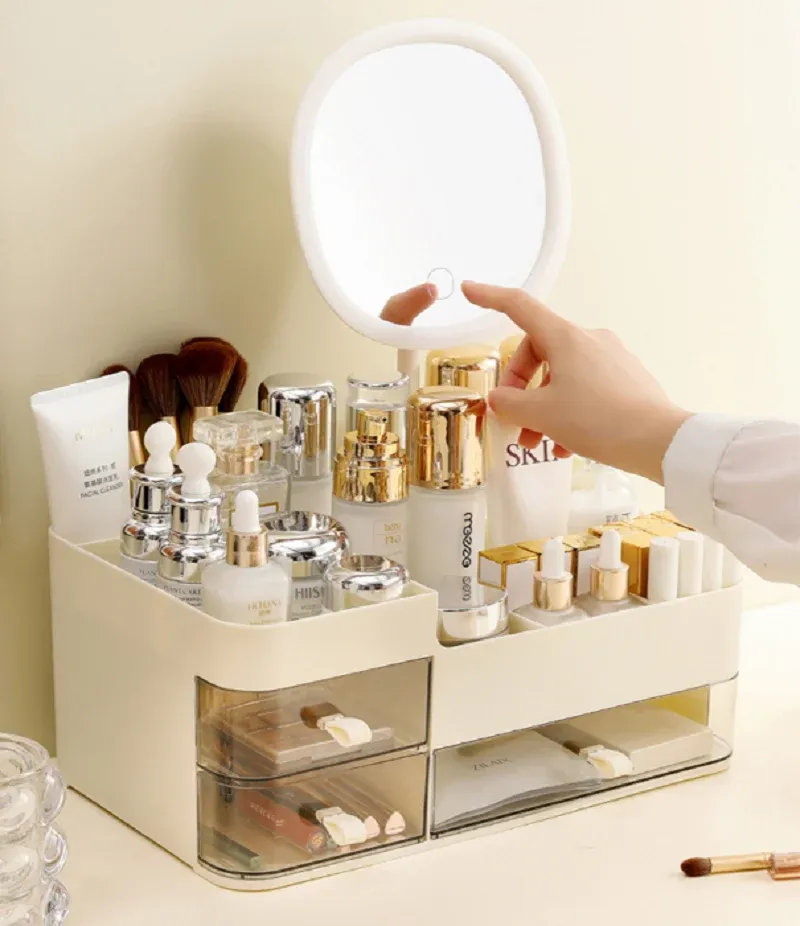 Organisateur cosmétique élégant de style tiroir avec miroir – Boîte de rangement portable pour maquillage, soins de la peau et rouge à lèvres 3
