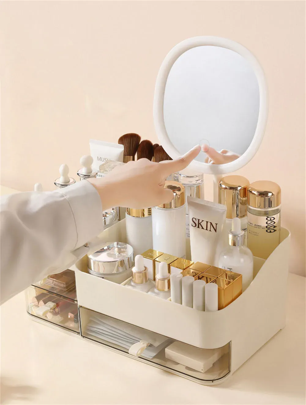 Organisateur cosmétique élégant de style tiroir avec miroir – Boîte de rangement portable pour maquillage, soins de la peau et rouge à lèvres 2