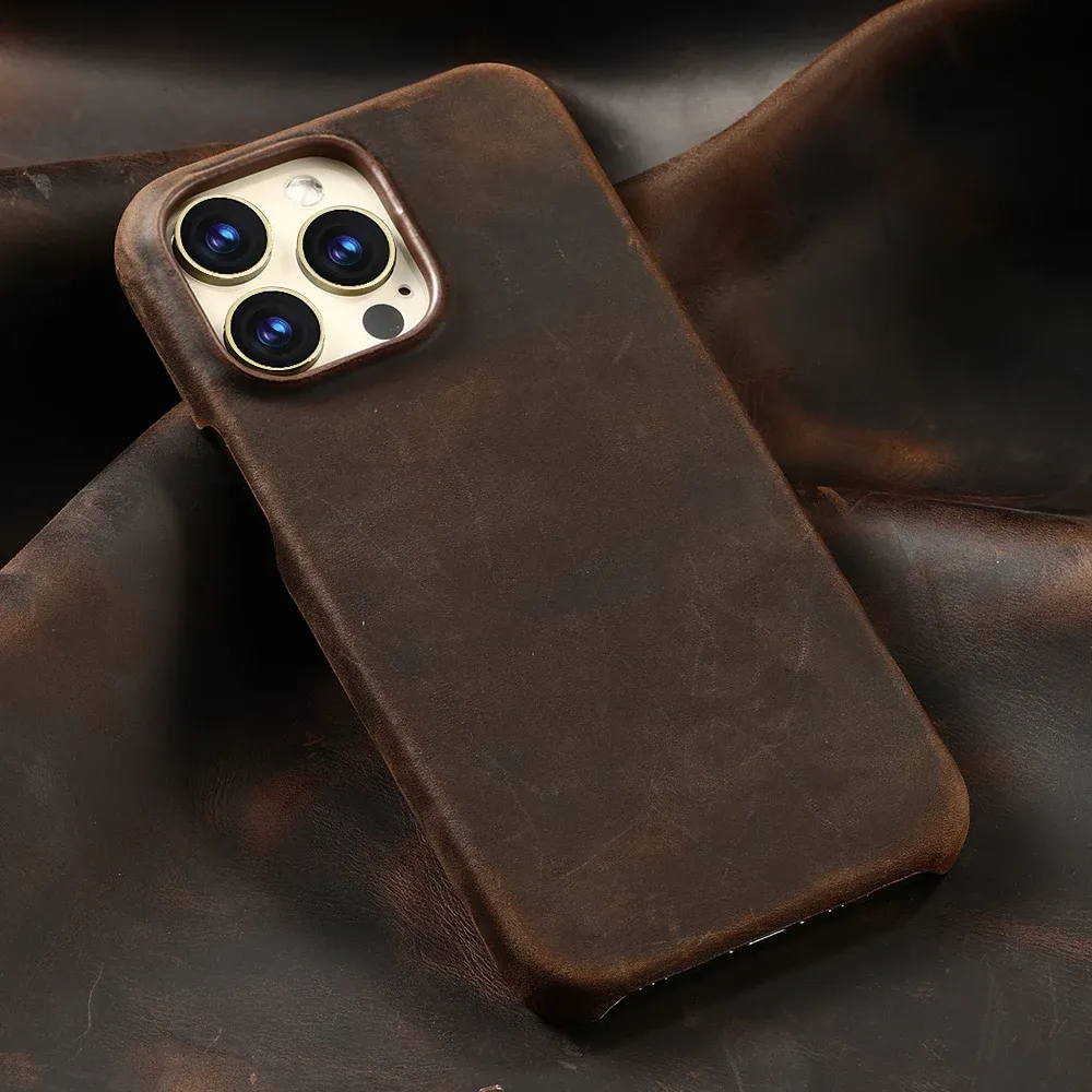 Étui magnétique en cuir pleine fleur huilé PULL-UP pour iPhone 15, 16 et 17 Pro Max, compatible MagSafe 3