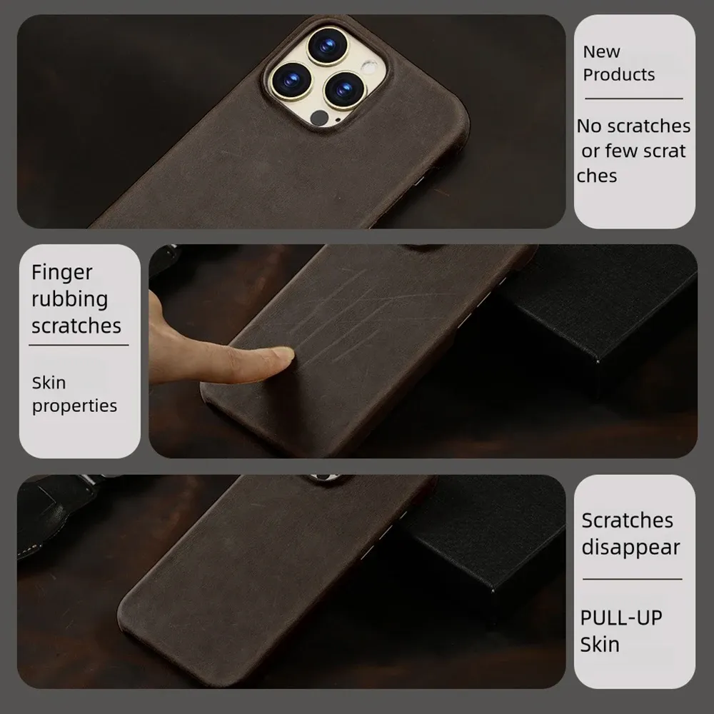 Étui magnétique en cuir pleine fleur huilé PULL-UP pour iPhone 15, 16 et 17 Pro Max, compatible MagSafe 4