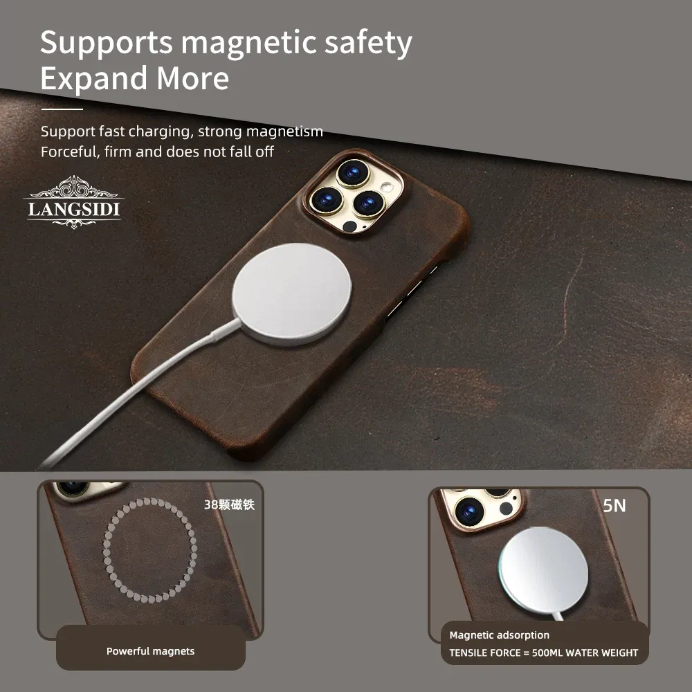 Étui magnétique en cuir pleine fleur huilé PULL-UP pour iPhone 15, 16 et 17 Pro Max, compatible MagSafe 5