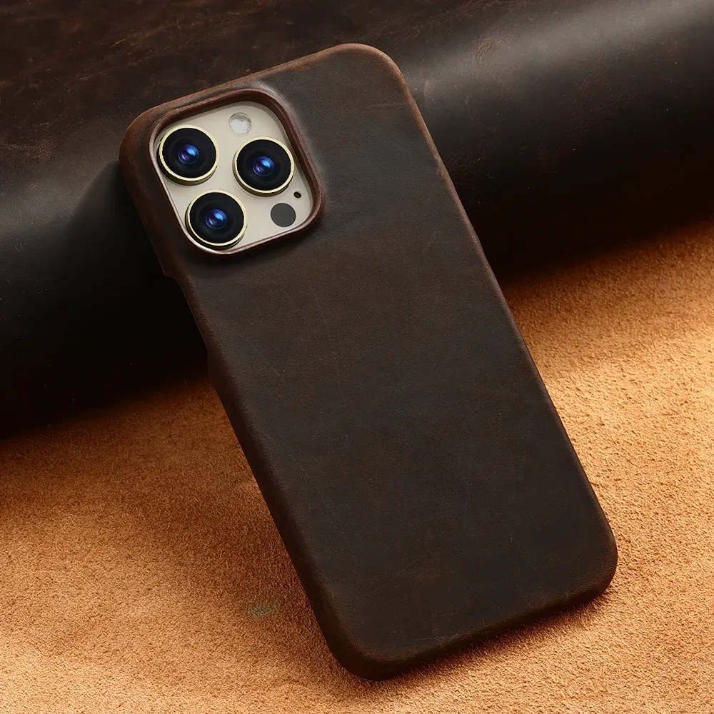 Étui magnétique en cuir pleine fleur huilé PULL-UP pour iPhone 15, 16 et 17 Pro Max, compatible MagSafe 7