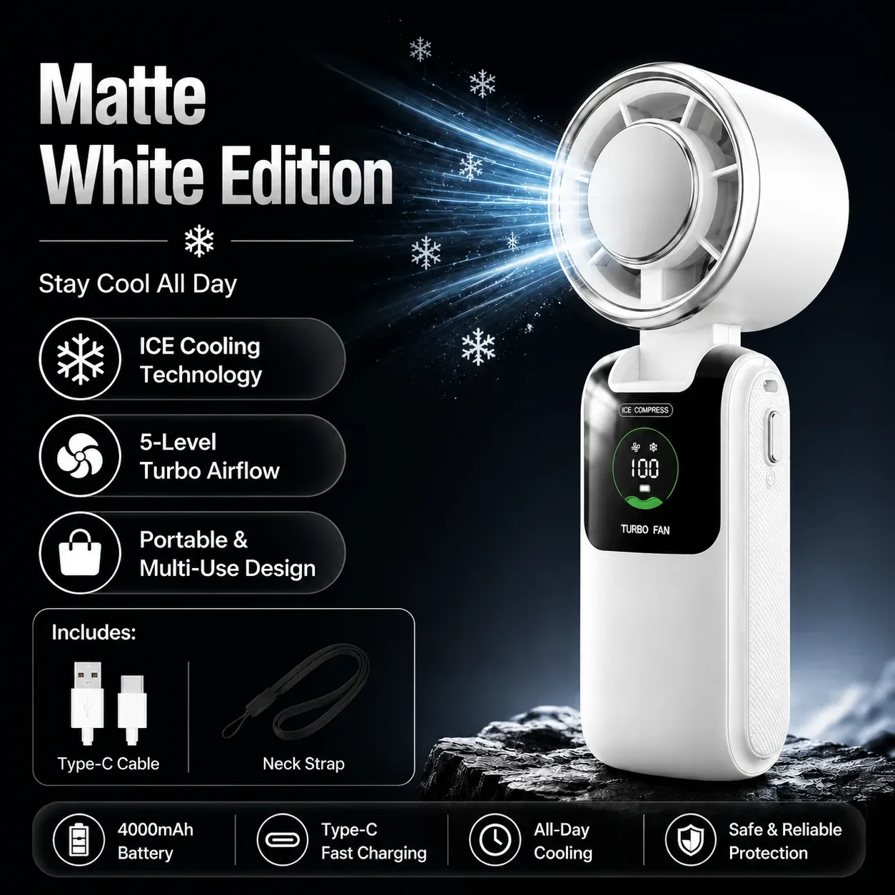 Ventilateur de Cou Portable 5 Vitesses, Pliable, Batterie 4000 mAh (Autonomie 9 h), Mains Libres, Voyage et Extérieur 8