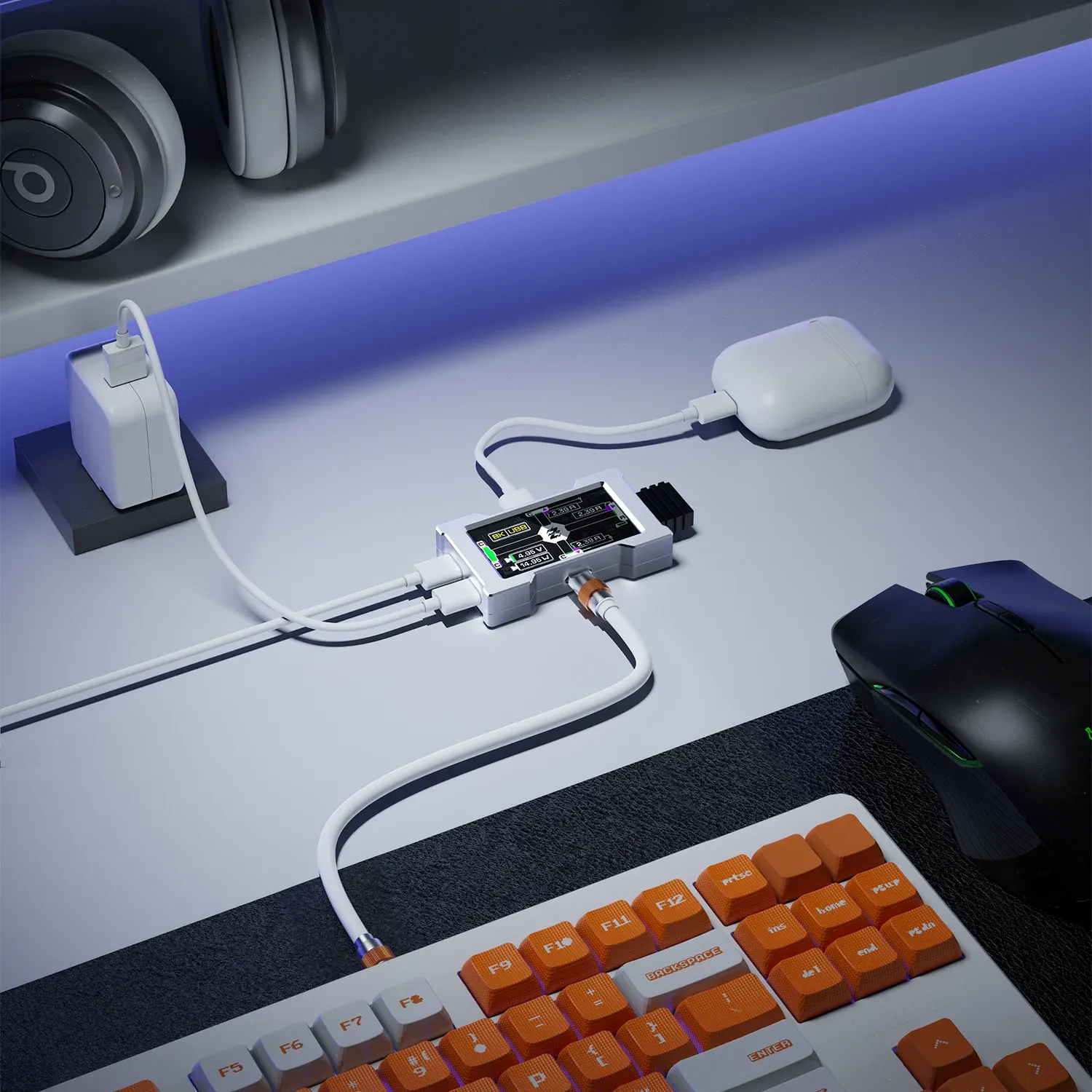 HMLAB ZNEO Hub USB pour gaming – 2 à 3 ports, 8 000 Hz, alimentation indépendante, avec écran, pour un setup de bureau gaming