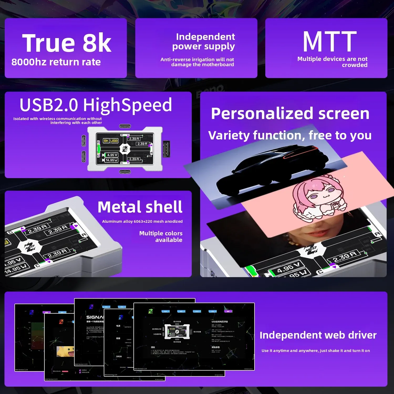 HMLAB ZNEO Hub USB pour gaming – 2 à 3 ports, 8 000 Hz, alimentation indépendante, avec écran, pour un setup de bureau gaming 3