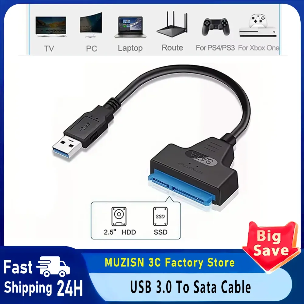 Câble adaptateur SATA vers USB 3.0/2.0 jusqu'à 6 Gbps pour disque dur SSD externe 2,5 pouces, SATA III 22 broches 1