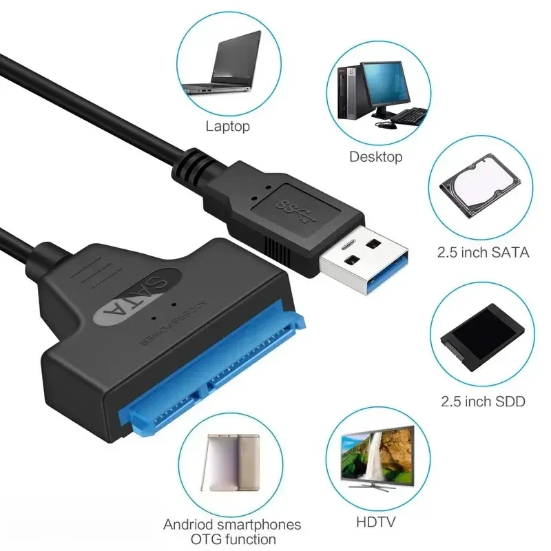 Câble adaptateur SATA vers USB 3.0/2.0 jusqu'à 6 Gbps pour disque dur SSD externe 2,5 pouces, SATA III 22 broches 4