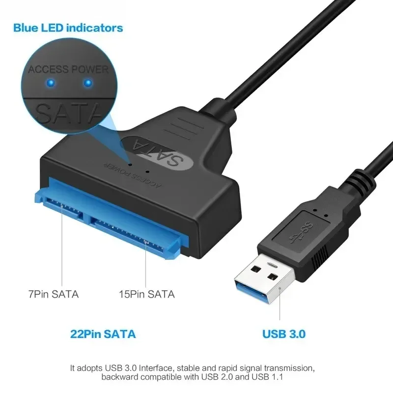 Câble adaptateur SATA vers USB 3.0/2.0 jusqu'à 6 Gbps pour disque dur SSD externe 2,5 pouces, SATA III 22 broches 6