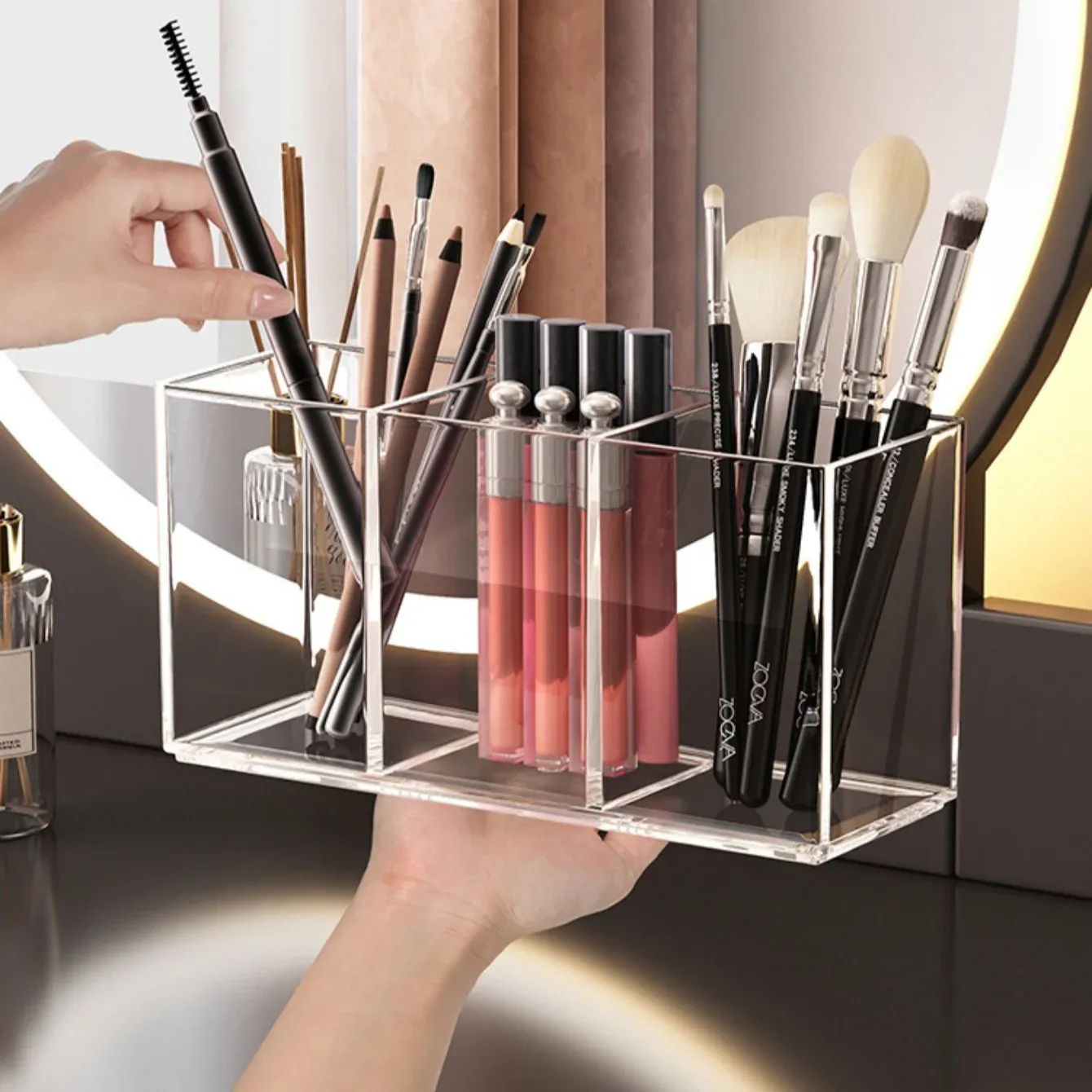 Boîte de rangement transparente pour pinceaux de maquillage, 1, 2 ou 3 compartiments, idéale pour la coiffeuse 3
