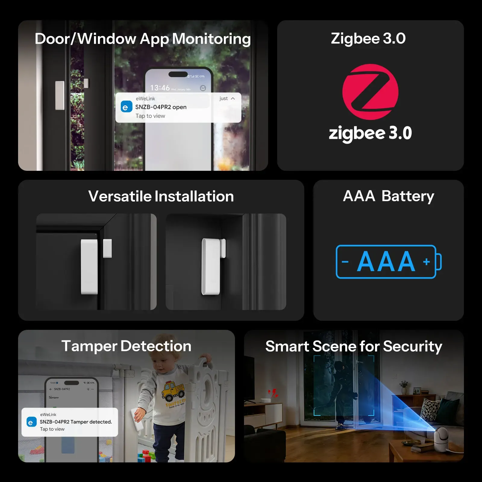 SONOFF SNZB-04PR2 SenseGuard DW Gen2 Capteur de porte/fenêtre Zigbee, sécurité active avec alertes d'effraction, surveillance via application et ZBBridge-P 3