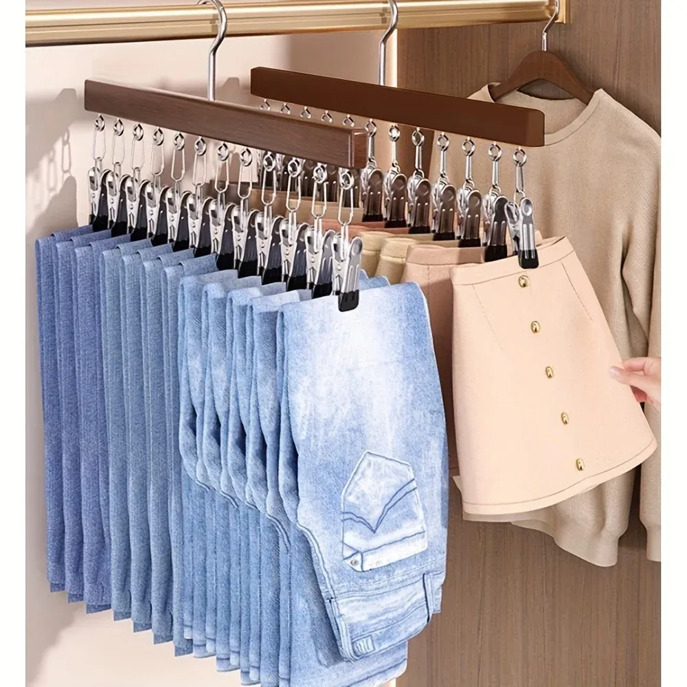Organisateur de leggings à 12 pinces pour placard, cintre en bois multi-pinces pour leggings, gain de place, pour pantalons et foulards 1