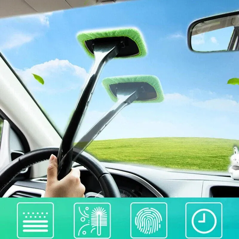 Kit de brosses de nettoyage pour vitres de voiture avec long manche, comprenant un outil de lavage de pare-brise et un essuie-glace intérieur 2