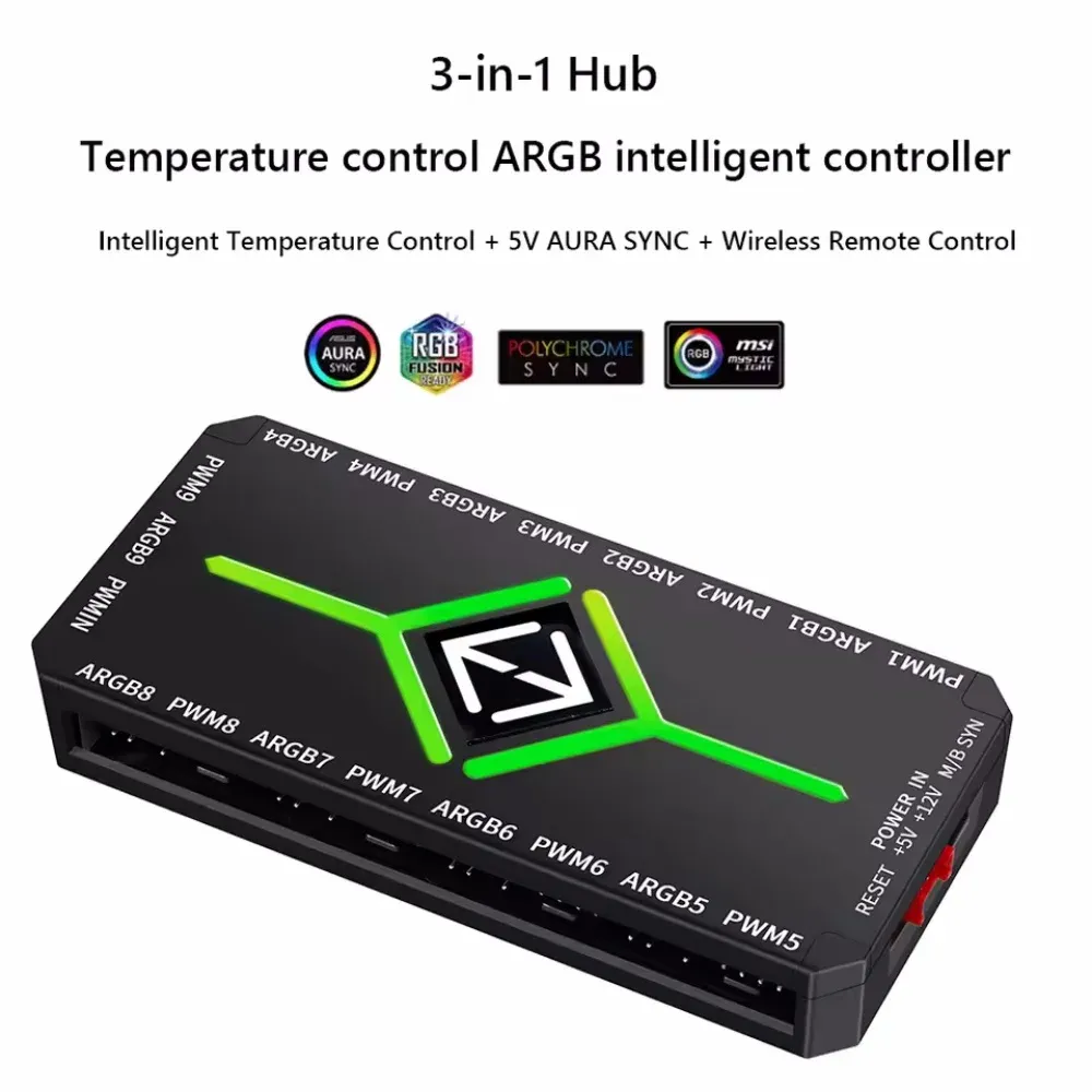 Hub de ventilateurs de refroidissement 3-en-1 5 V 3 broches ARGB, hub PWM 4 broches à fixation magnétique, hub de ventilateurs PWM 1 à 9 ports pour boîtier PC 4