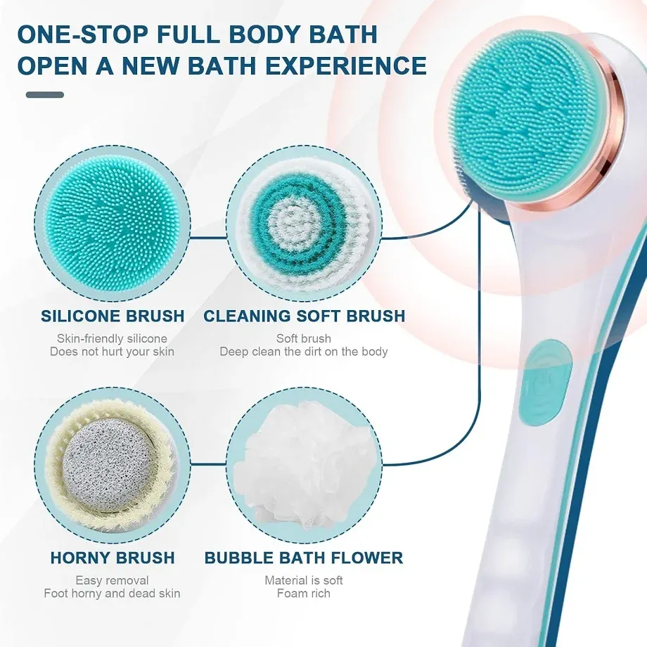 Brosse de bain électrique à long manche, étanche, avec têtes interchangeables pour le dos, les pieds et le corps 2