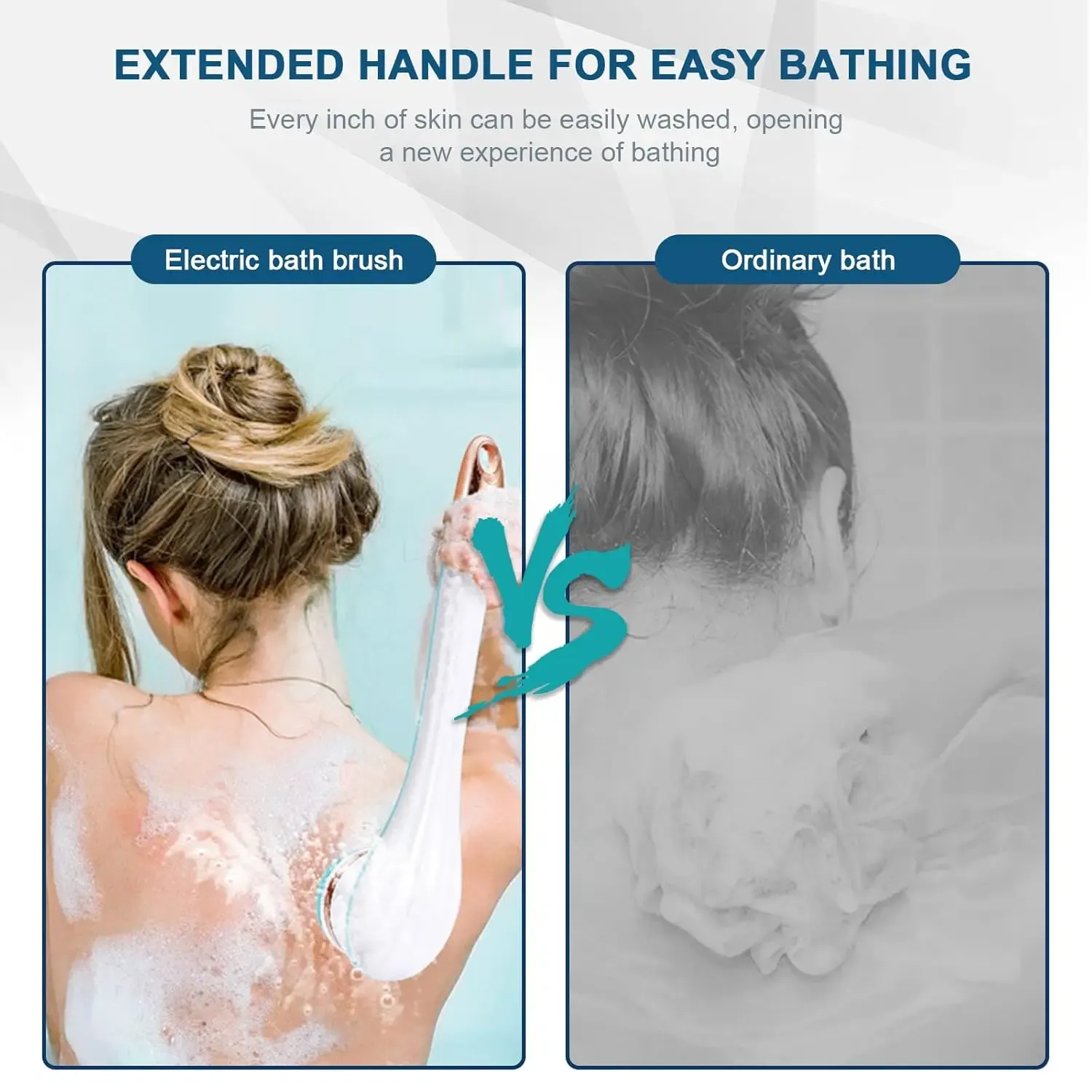 Brosse de bain électrique à long manche, étanche, avec têtes interchangeables pour le dos, les pieds et le corps 5