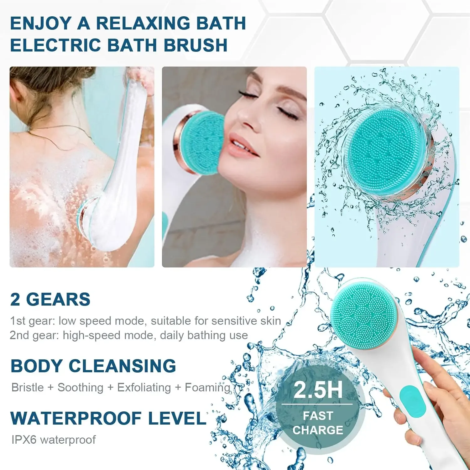 Brosse de bain électrique à long manche, étanche, avec têtes interchangeables pour le dos, les pieds et le corps 6