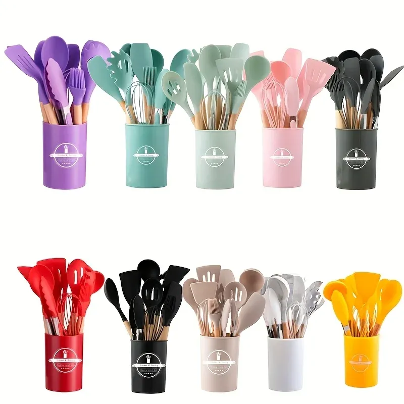 Ensemble de 12 ustensiles de cuisine en silicone avec poignées antidérapantes, antiadhésifs, avec seau de rangement, accessoires résistants