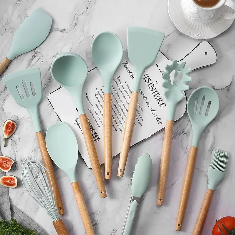 Ensemble de 12 ustensiles de cuisine en silicone avec poignées antidérapantes, antiadhésifs, avec seau de rangement, accessoires résistants 4