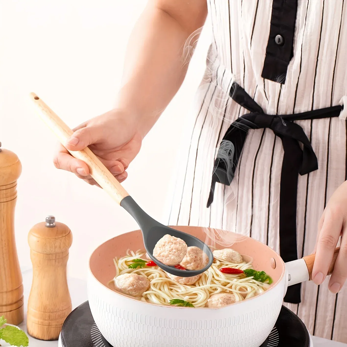 Ensemble de 12 ustensiles de cuisine en silicone avec poignées antidérapantes, antiadhésifs, avec seau de rangement, accessoires résistants 6