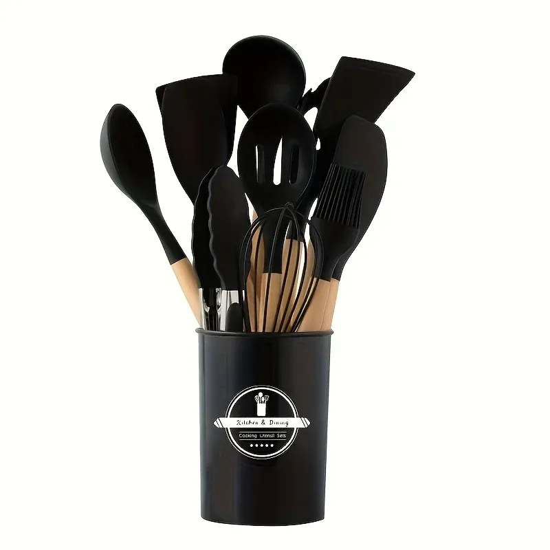 Ensemble de 12 ustensiles de cuisine en silicone avec poignées antidérapantes, antiadhésifs, avec seau de rangement, accessoires résistants 14