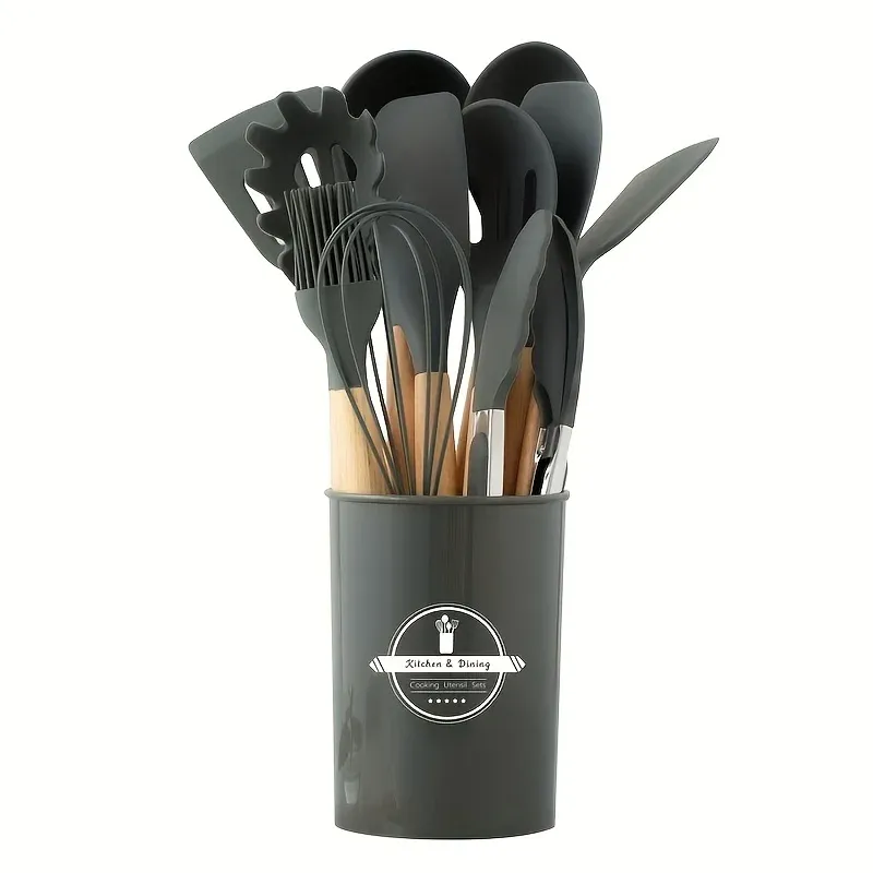 Ensemble de 12 ustensiles de cuisine en silicone avec poignées antidérapantes, antiadhésifs, avec seau de rangement, accessoires résistants 11