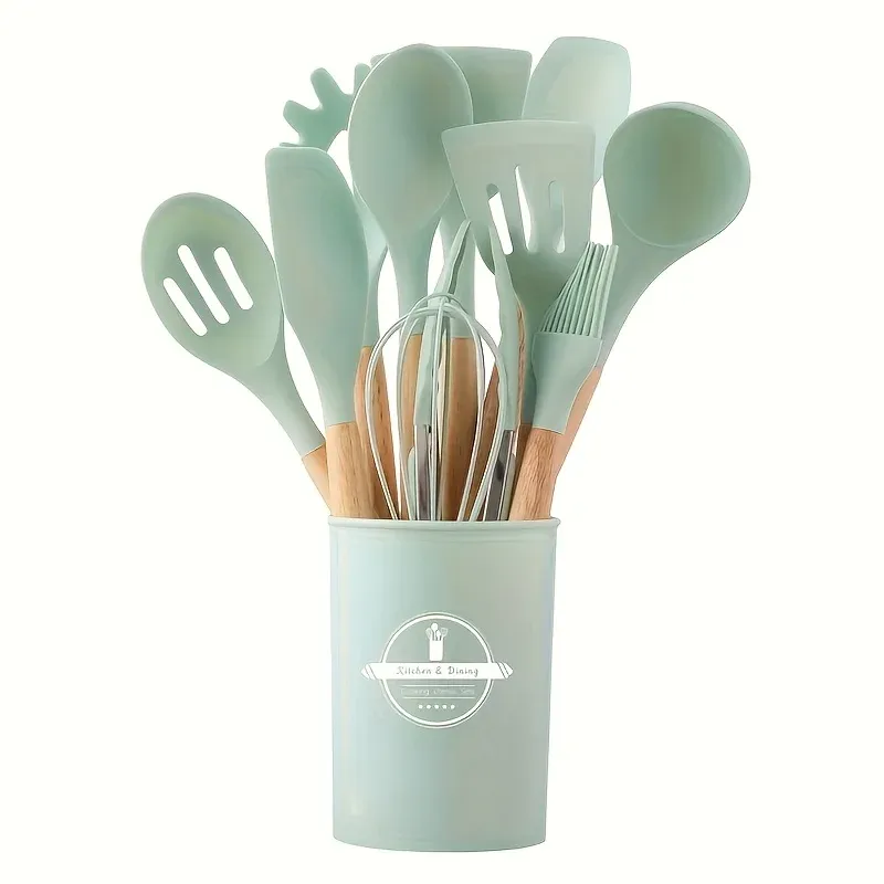Ensemble de 12 ustensiles de cuisine en silicone avec poignées antidérapantes, antiadhésifs, avec seau de rangement, accessoires résistants 13