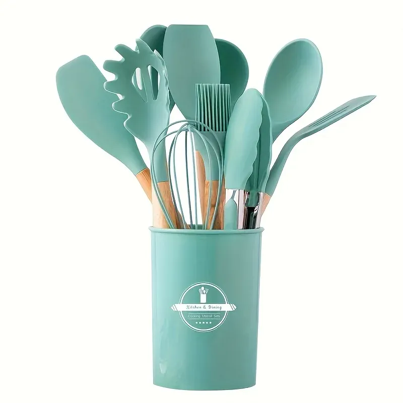 Ensemble de 12 ustensiles de cuisine en silicone avec poignées antidérapantes, antiadhésifs, avec seau de rangement, accessoires résistants 12