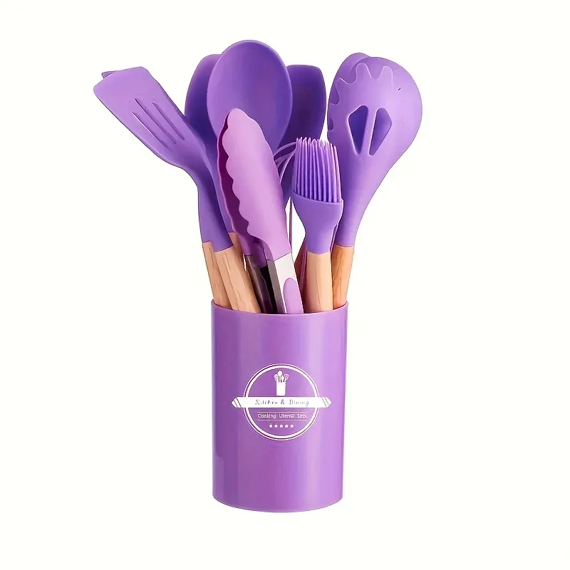 Ensemble de 12 ustensiles de cuisine en silicone avec poignées antidérapantes, antiadhésifs, avec seau de rangement, accessoires résistants 8
