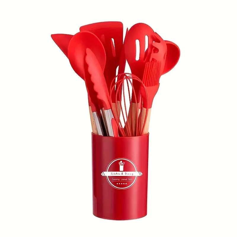Ensemble de 12 ustensiles de cuisine en silicone avec poignées antidérapantes, antiadhésifs, avec seau de rangement, accessoires résistants 7