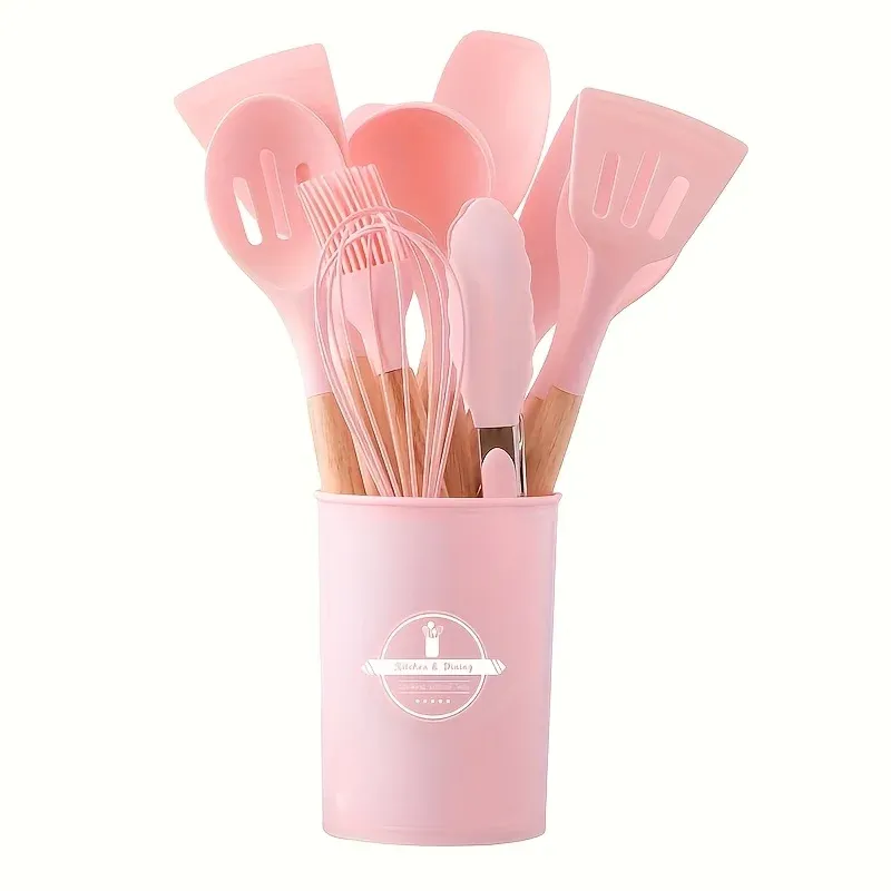 Ensemble de 12 ustensiles de cuisine en silicone avec poignées antidérapantes, antiadhésifs, avec seau de rangement, accessoires résistants 9