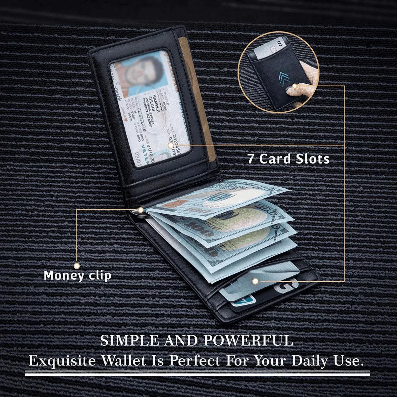Portefeuille fin en cuir pour homme avec pince à billets, poche avant et protection RFID, format pliable et design minimaliste 3