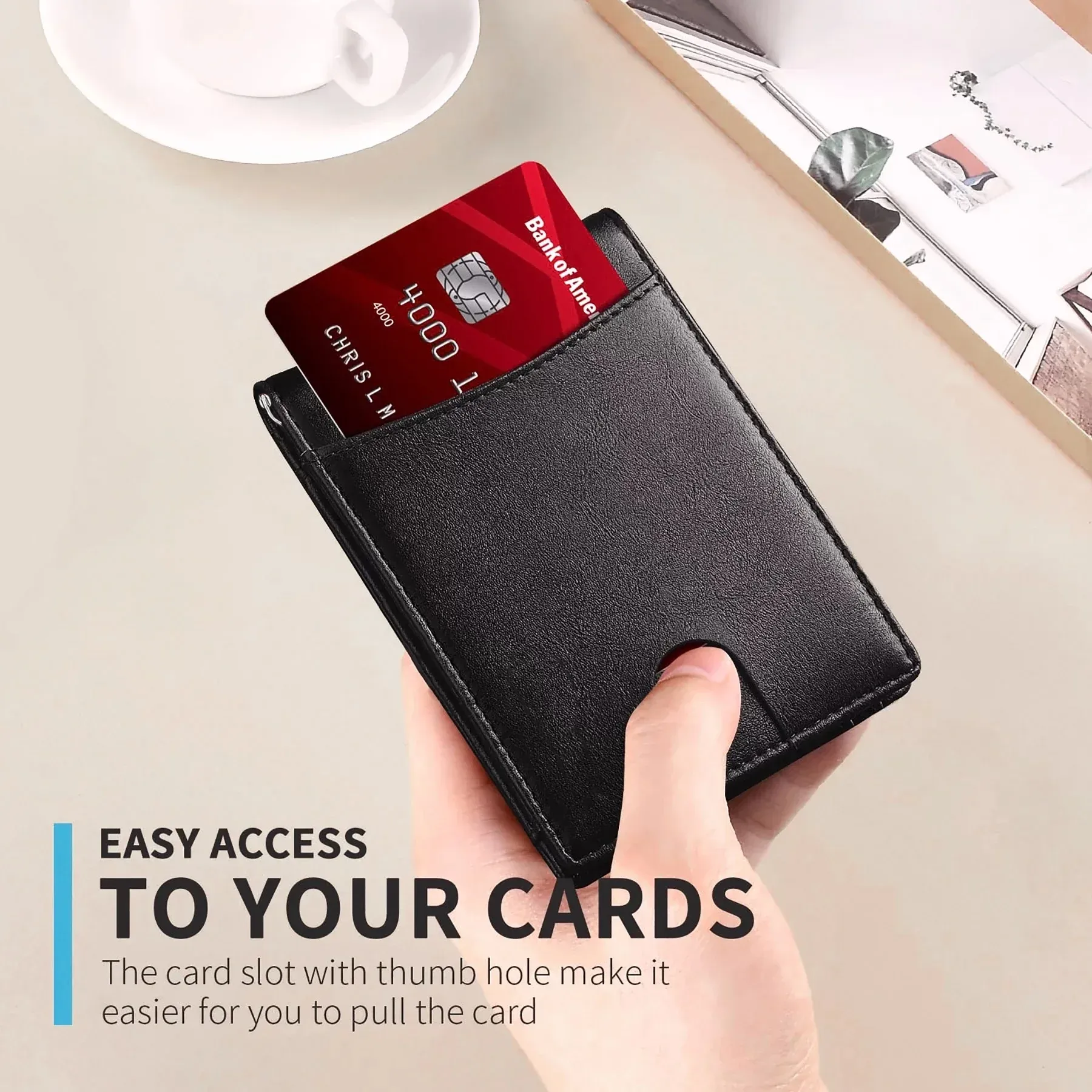 Portefeuille fin en cuir pour homme avec pince à billets, poche avant et protection RFID, format pliable et design minimaliste 5