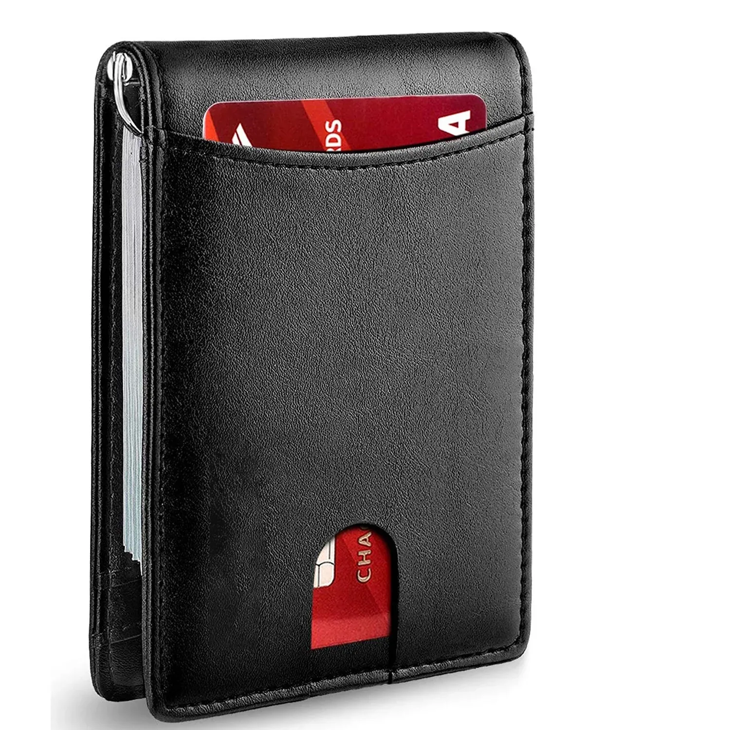 Portefeuille fin en cuir pour homme avec pince à billets, poche avant et protection RFID, format pliable et design minimaliste 8