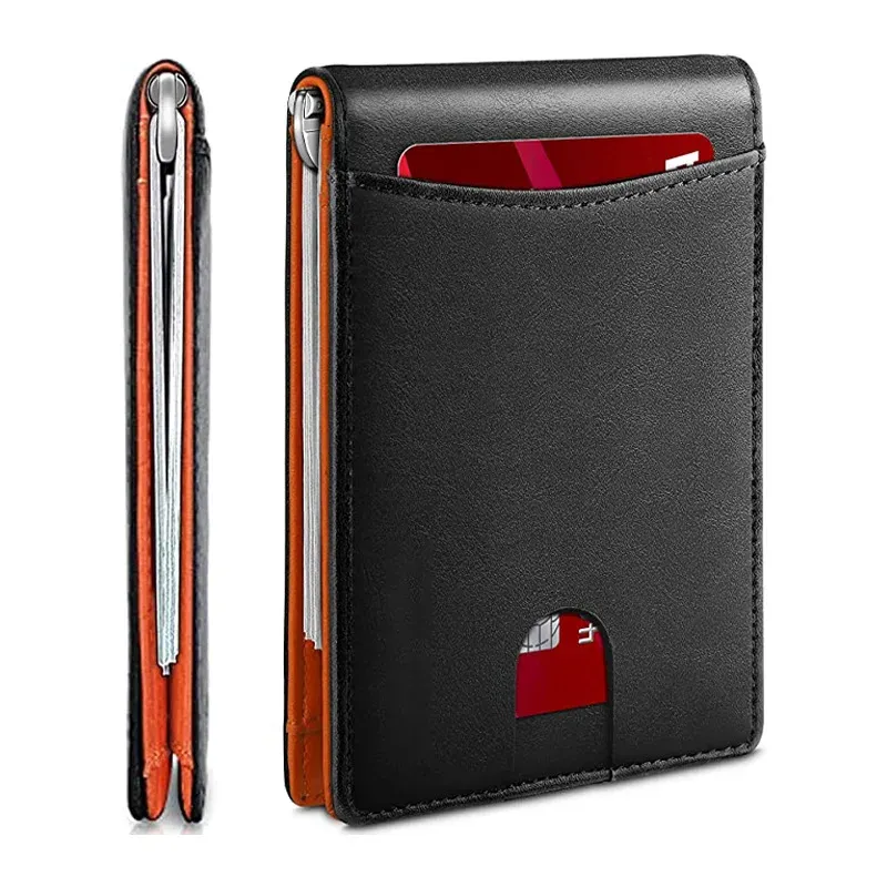 Portefeuille fin en cuir pour homme avec pince à billets, poche avant et protection RFID, format pliable et design minimaliste 9