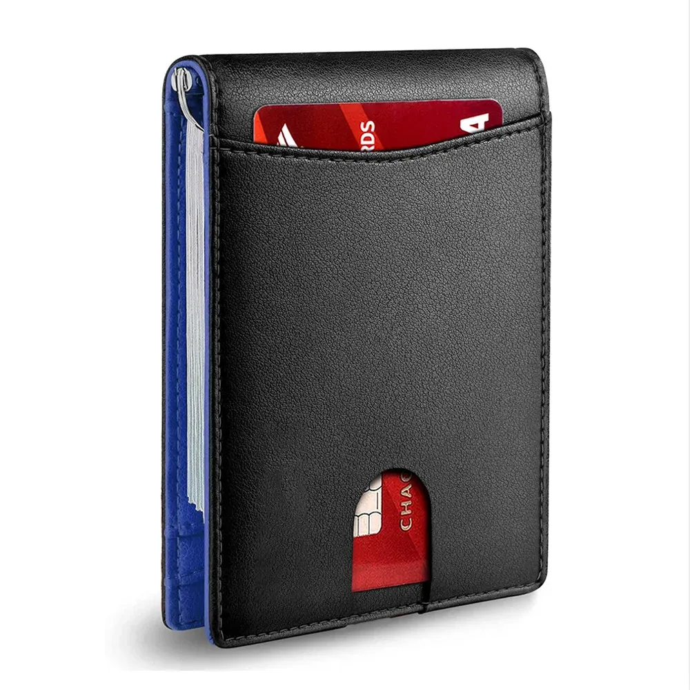 Portefeuille fin en cuir pour homme avec pince à billets, poche avant et protection RFID, format pliable et design minimaliste 7