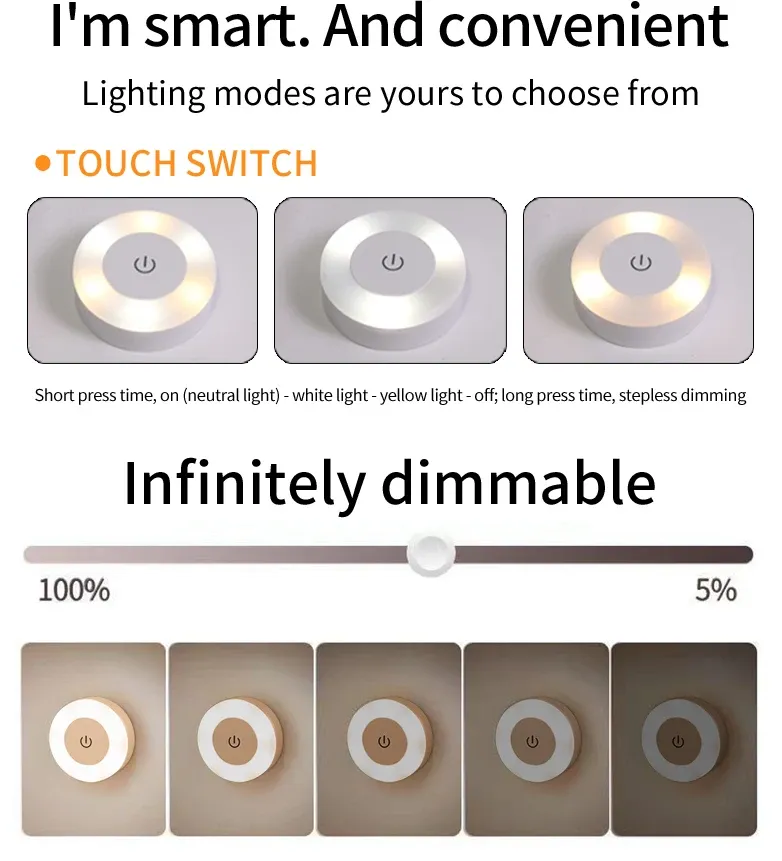 Veilleuse LED rechargeable 6 cm à interrupteur tactile, applique murale sans fil, 3 couleurs, intensité variable 2