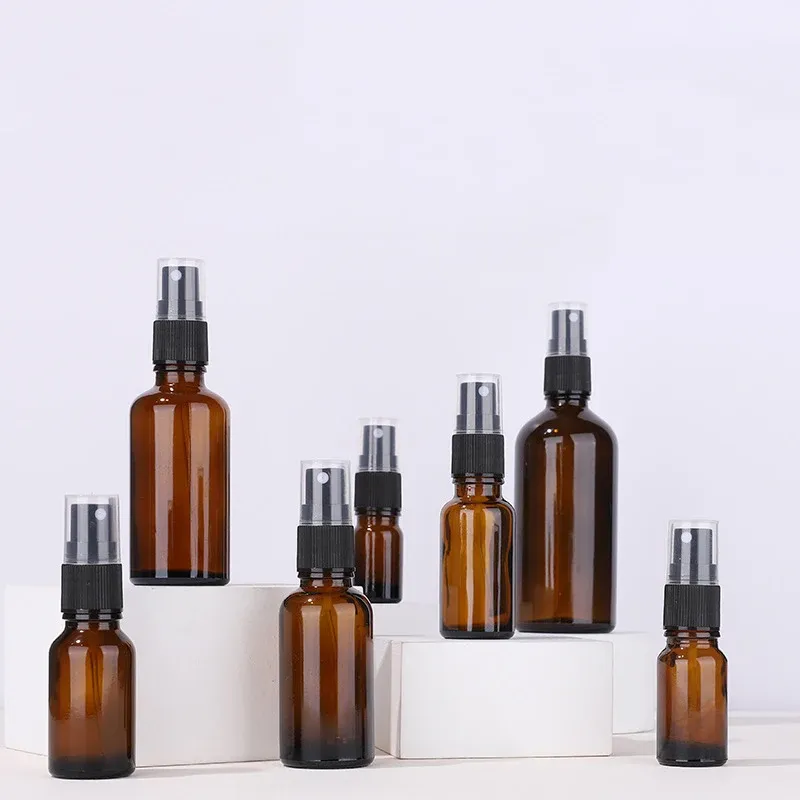 Bouteille vaporisateur en verre ambré avec pompe noire, rechargeable pour voyage, parfum et huiles 5